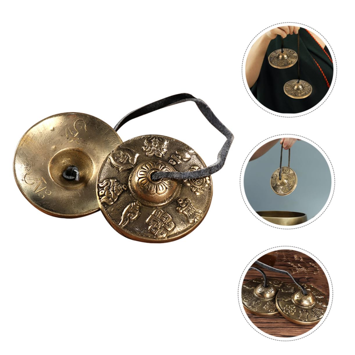 Cimbali in Rame Dorato per Meditazione e Rituali Motivi Vintage di Buon Auspicio, Strumenti Percussivi Etnici per Benedizione ed Esorcismo