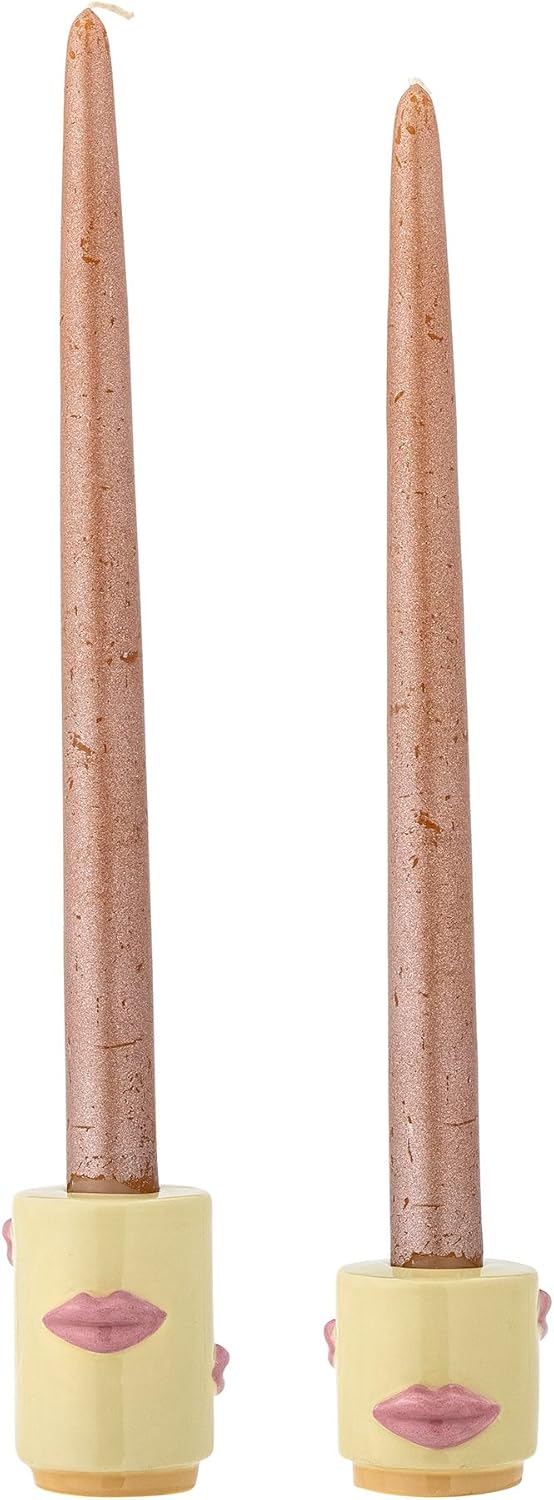 Bloomingville Sassy 82062194 Set of 2 Candle Holders for Taper Candles with Kiss Mouth in Yellow Stoneware 5 x 5 cm / 7 x 5 cm