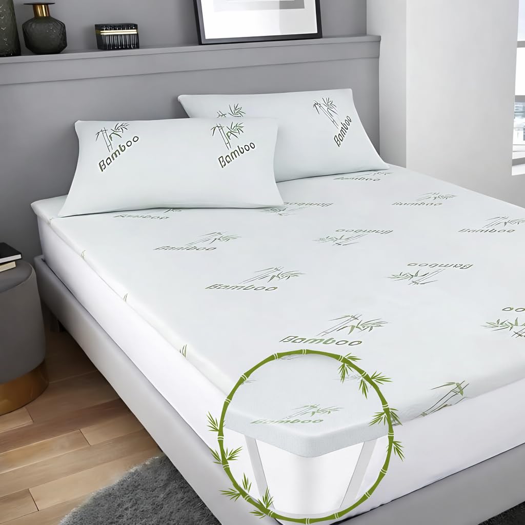 4AS Bamboo Memory Foam Mattress Topper Kingsize Bed – Hypoallergenic & Breathable 2.5cm Thick 40D Gel Memory Foam Mattress Pad with Machine washable Zippered Cover (150x200cm – King)