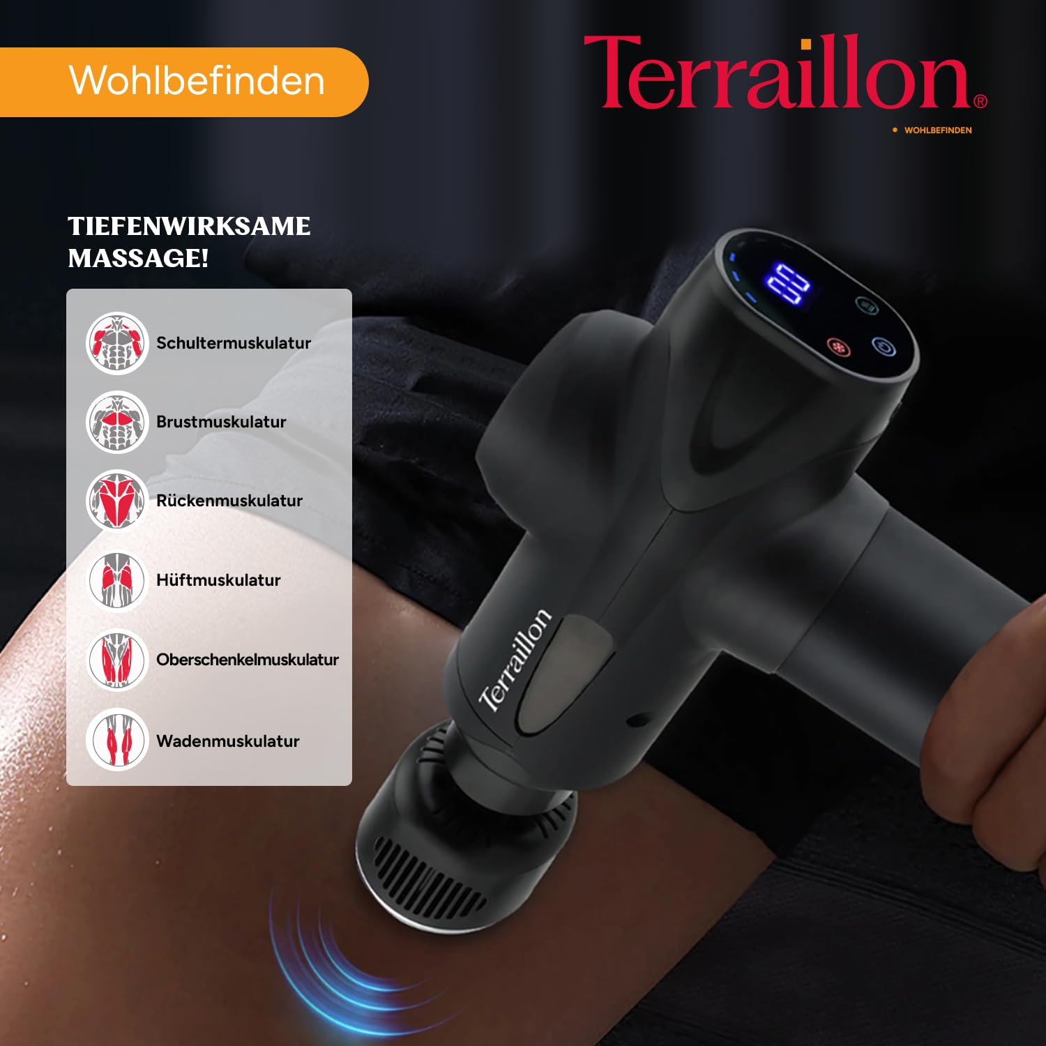 TERRAILLON - GUN MASSAGER EXPERT - Multizonen-Massagepistole, 20 Geschwindigkeiten 2800-3200 RPM, Digitalanzeige, Integrierter Timer, 5 Silikonaufsätze, davon 1 warm-kalt, USB-C, inkl. Etui, Schwarz