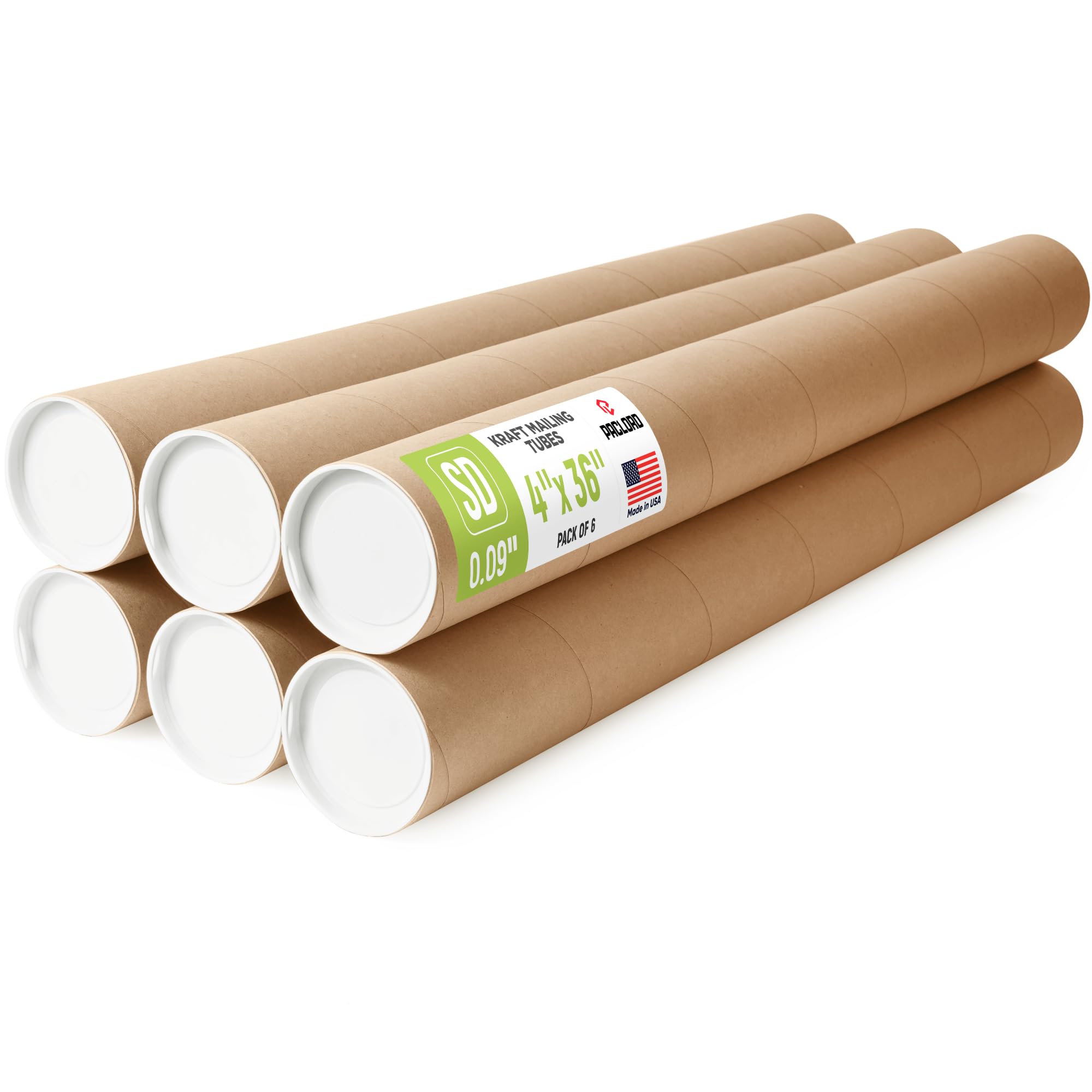 4" x 36" Reinforced Kraft Paper Mailing Tubes, Pack of 6 Tubes with 2 Caps Each – USPS Approved Poster Tube – Made in USA Cardboard Tube for Shipping and Storing Posters, Prints, Artwork, or Documents