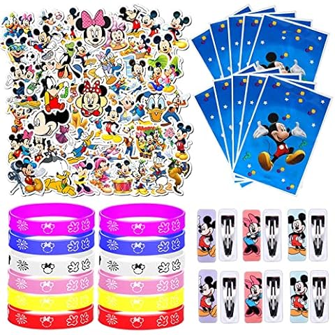 Mickey Mouse Birthday Decorations,Mickey Mouse Party Favor Include 12 Wristbands, 50 Stickers, 10 Gift Bags and 6 Hair Clips, for Boy Girl Party Birthday Cover