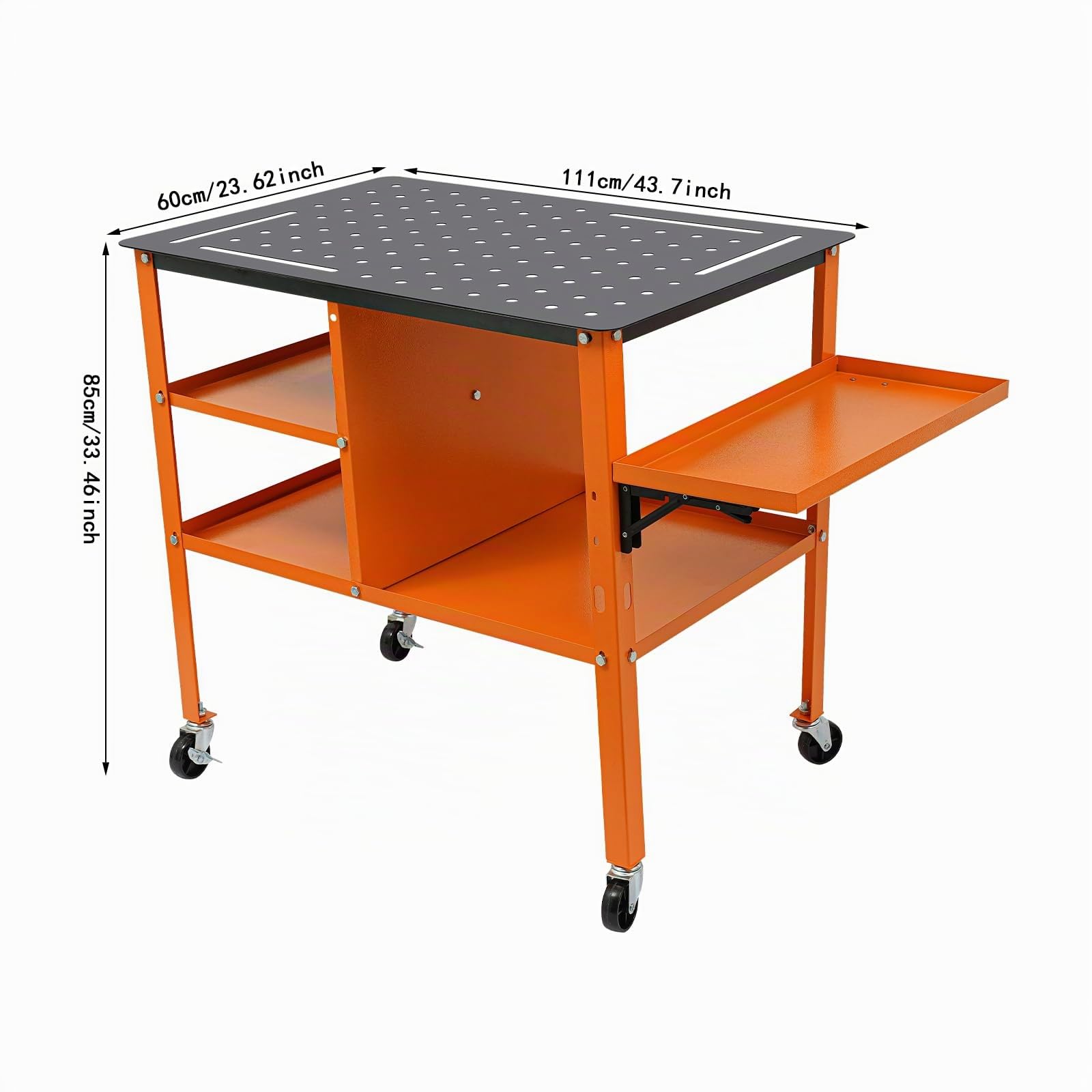 Mesa de soldadura profesional, 111 x 60 cm, con 4 ruedas y capacidad de carga de 500 kg, de acero, con placa perforada y gancho para herramientas, para taller e industria (naranja)