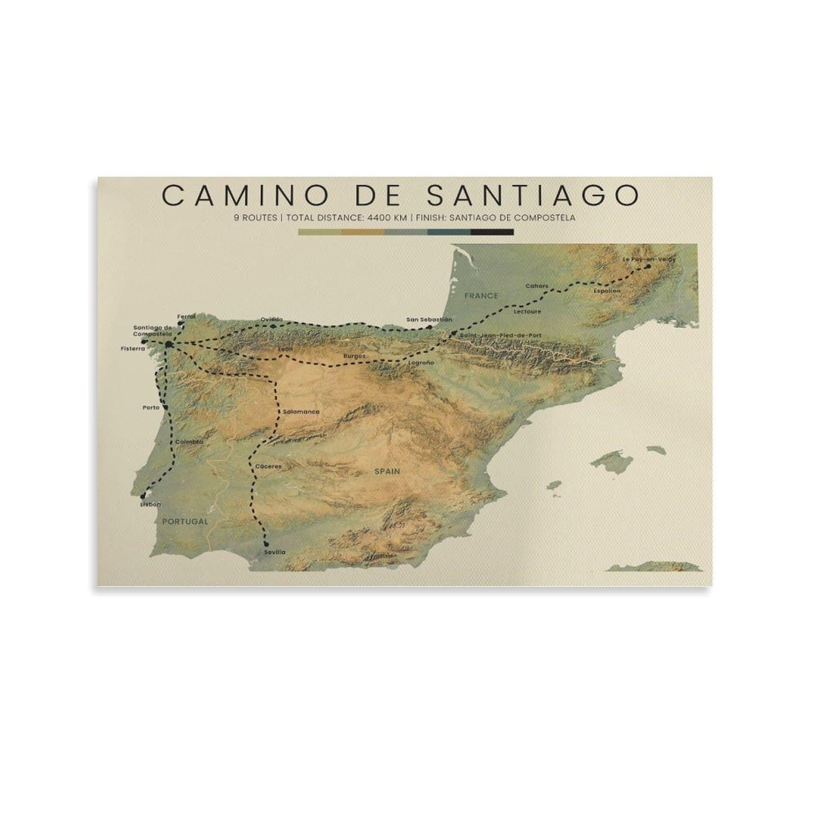 FOPURE Spain Pilgrimage Map Poster Camino Frances Portuguese Norte and Other Routes for Wall Display(Unframed,08x12inch(20x30cm))