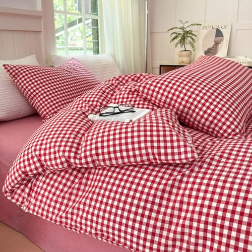 Image of LifeTB Queen Comforter Set Red Gingham Comforter Modern Style Plaid Boho Comforter Set 3 Pieces Fluffy Grid Checkered Comforter with 2 Pillowcases Farmhouse Gingham Bedding Set Queen Size