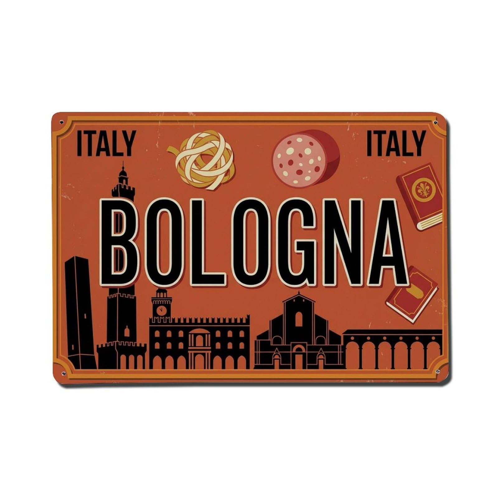 Xanthor Style Vintage Travel Bologna Italy Towers Pasta Metal Tin Sign