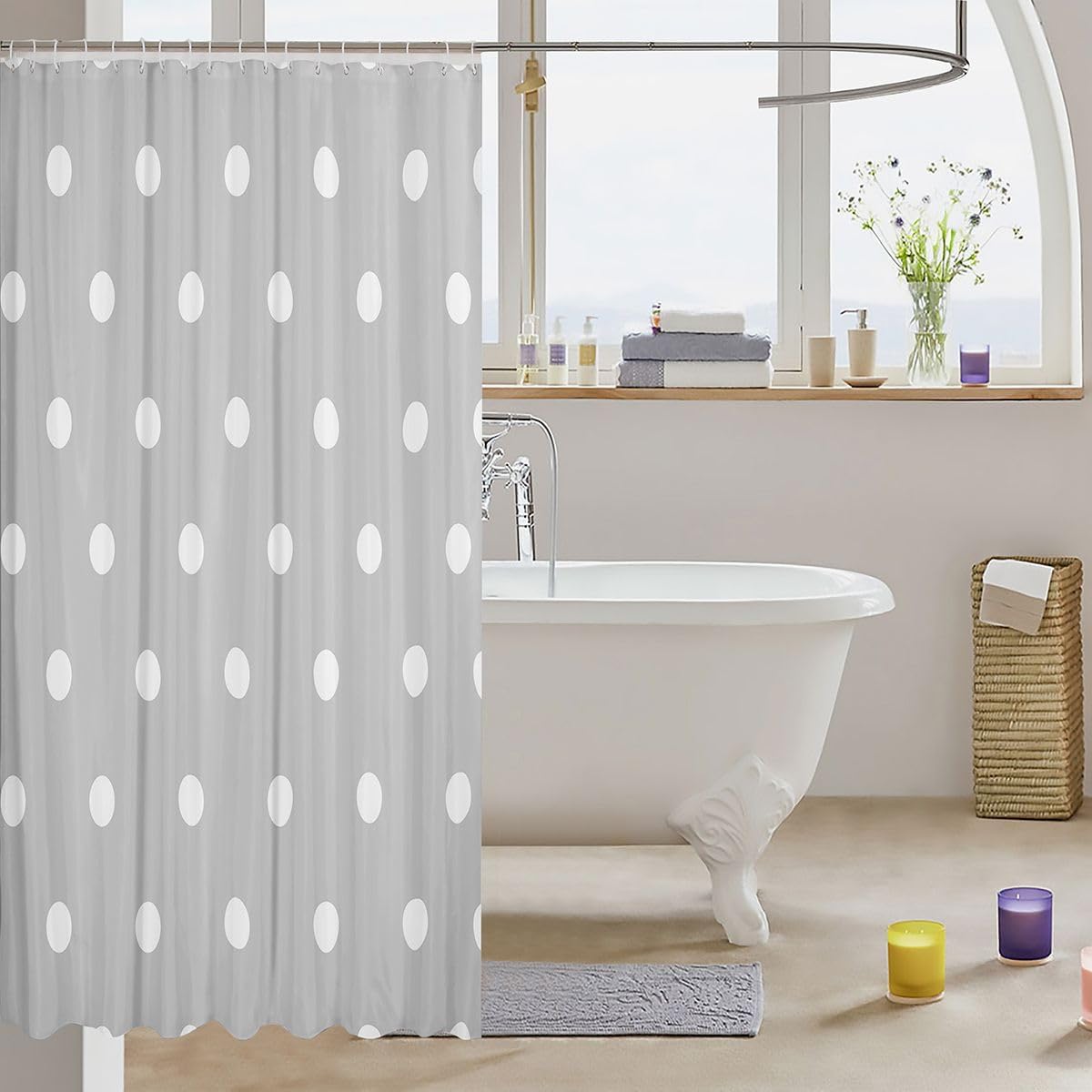 Polka Dots Shower Curtain,Abstract Geometric Circles Bathroom Curtains,Modern Dots Pattern Waterproof Bath Curtain,Gray White Bathroom Curtains with 12 Hooks Suits for Bathtub,72" W x 72" L image 3