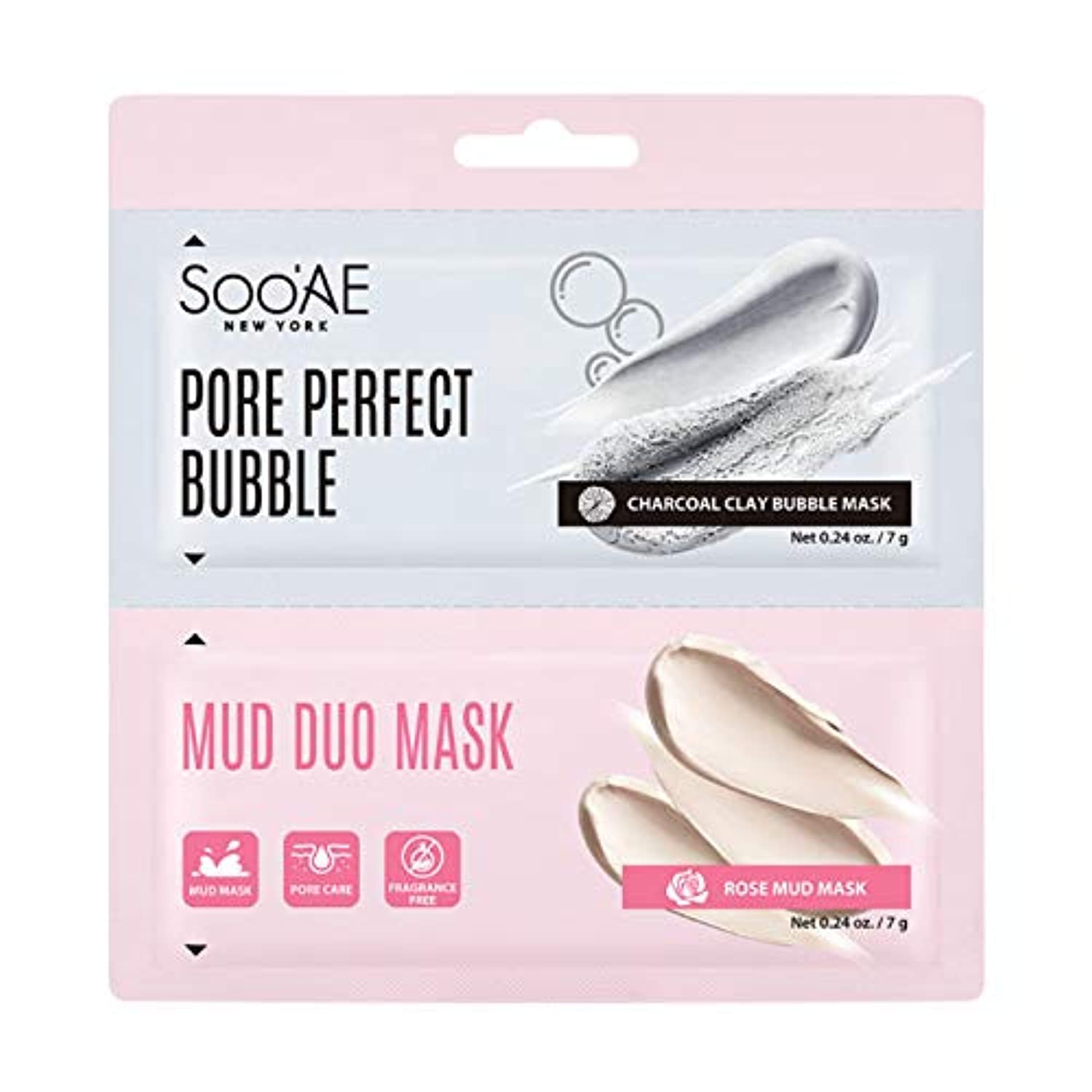 Soo’Ae New York. Pore Perfect Bubble Mud Duo Face Sheet Mask. Antioxidant Rich Face Sheet Mask. Made In Korea.