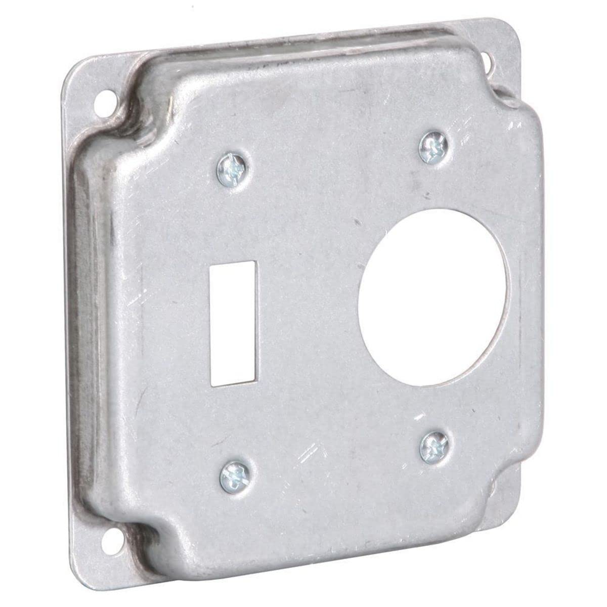 RACO 805C 1/2-Inch Raised 4 in. Square Cover with (1) Toggle Switch, (1) 1.41-Inch Diameter Receptacle and Crushed Corner, 4-Inch