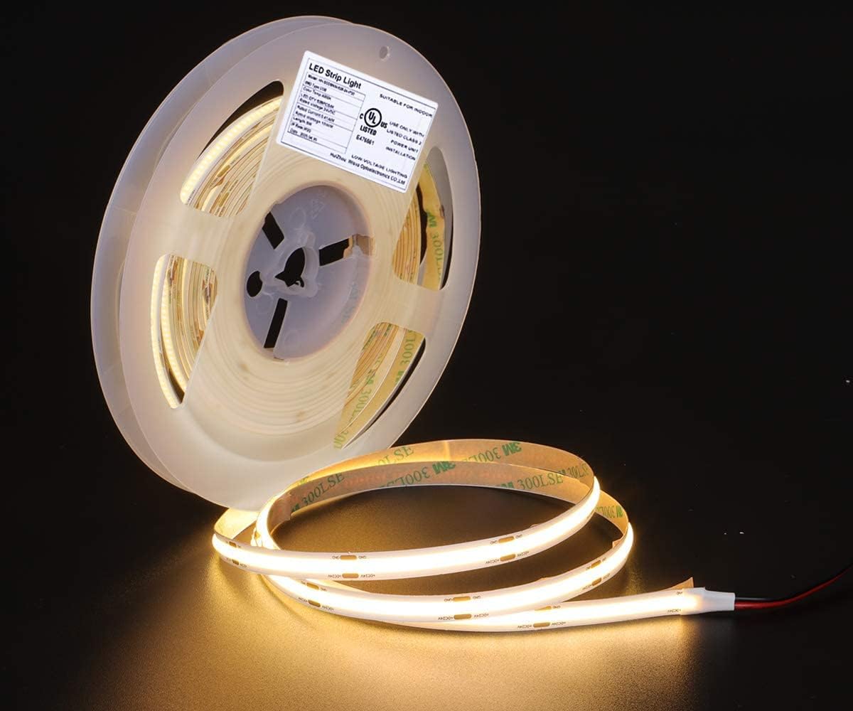 dephen UL-Listed COB LED Strip - 5m/16.4ft LED Strip Lights 3000K 5500Lm CRI 90+ LED Light Strip, 528LEDs/M Tape Light, DC24V LED Strip Lights for Bedroom, Cabinet, Kitchen, Office, DIY Lighting