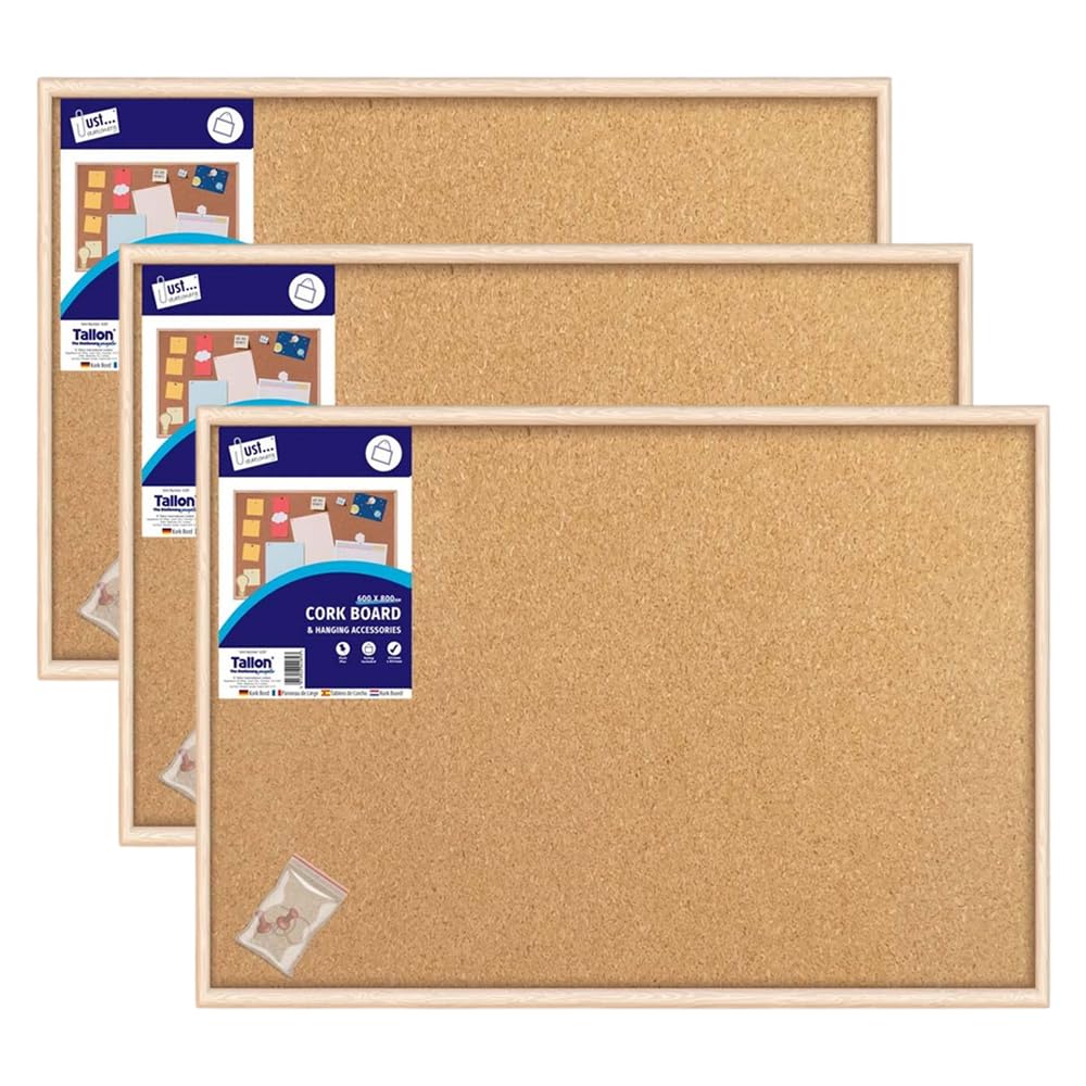 Cork Notice Board 600 x 800mm, Wooden Framed Pin Board (Pack of 3)