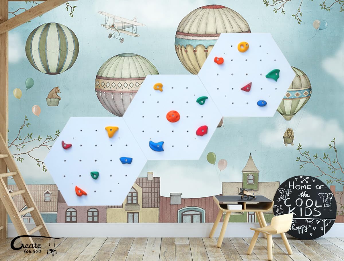 Kletterwand für Kinderzimmer - Hexagon - Weiß - Indoor - Heimklettergerüst - Spielplatz - Trainingsgeräte für Zuhause - 3X Wandpaneel 86x75 cm - mit 15 bunten Griffen/Steinen