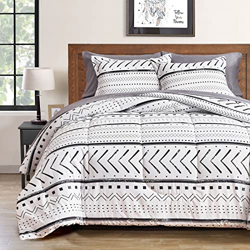 Flysheep Aztec Bed in a Bag 7-Pieces Queen Size, Black and White Boho Arrows Dots Geometric, Microfiber Comforter Sheet Set (1 Comforter, 1 Flat Sheet, 1 Fitted Sheet, 2 Pillow Shams, 2 Pillowcases)