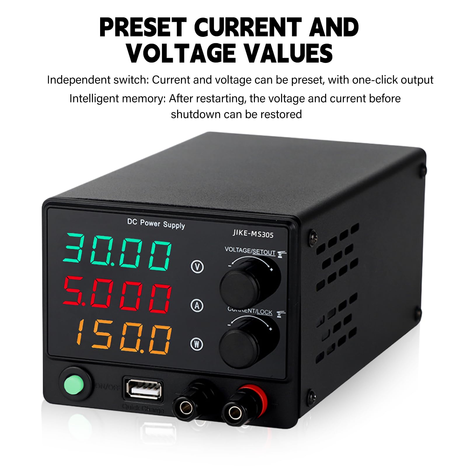 Bloc d'alimentation de laboratoire 30 V 5 A 150 W - Affichage LED à 4 chiffres et clé de verrouillage - DC 0-30 V 0-5 A - Mini bloc d'alimentation de laboratoire USB - Charge rapide - Alimentation à