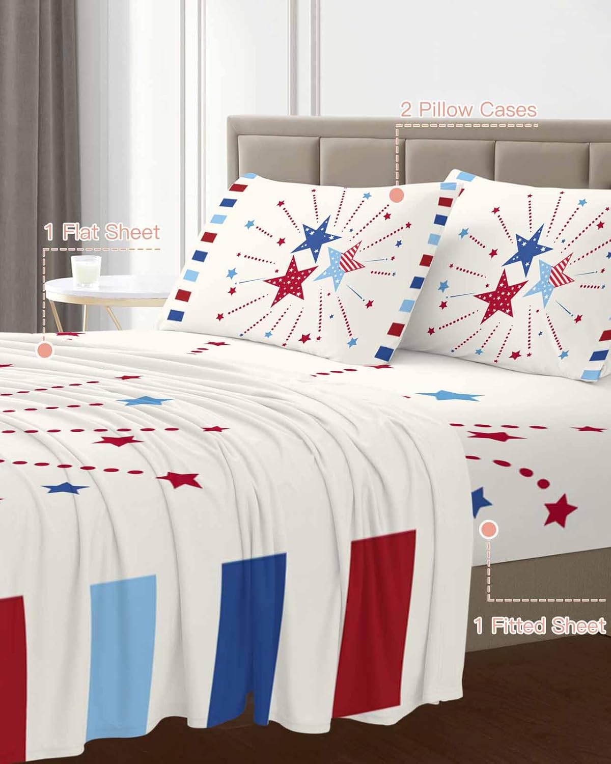 4 Piece Full Sheet Set Independence Day Sheets Set for Full Size Bed, Breathable Soft Microfiber Bed Sheets Cooling 4th of July Red Blue Striped Stars Beige Fitted Sheet Deep Pocket, Pillowcases