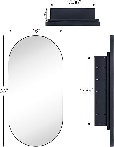 Miniatura 7 de VANA NALA Botiquín de baño empotrado ovalado negro mate con espejo de acero inoxidable con marco de metal oblongo, gabinete de baño con espejo de 16