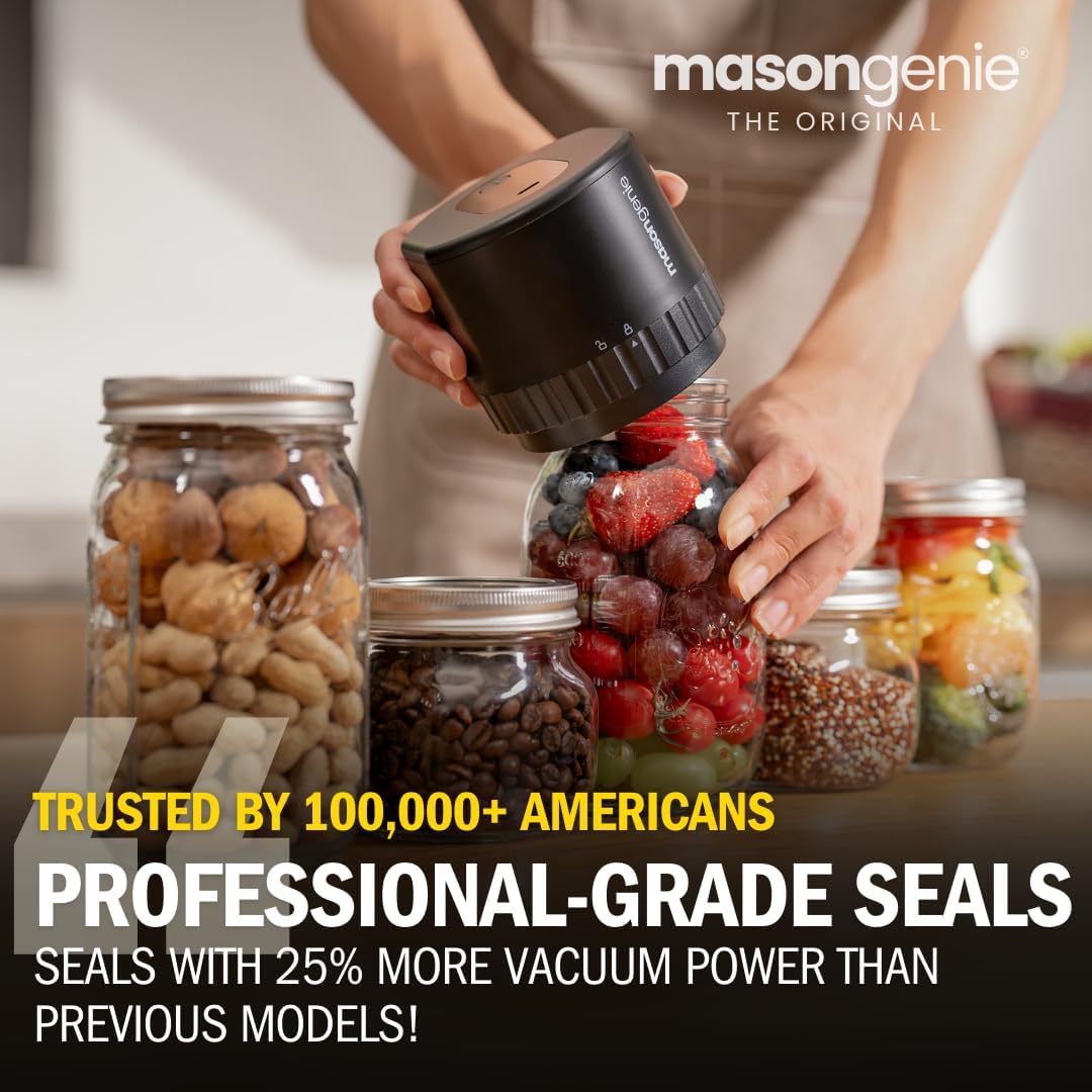 Mason Genie - Mason Jar Vacuum Sealer Kit, Electric Vacuum Sealer for Regular Mouth and Wide Mouth Canning Jars, Fully Automated and Portable, includes 10 Chalkboard Top Lids