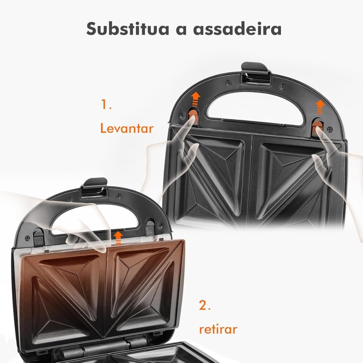 Diagram showing how to lift and remove cooking plates from the sandwich maker