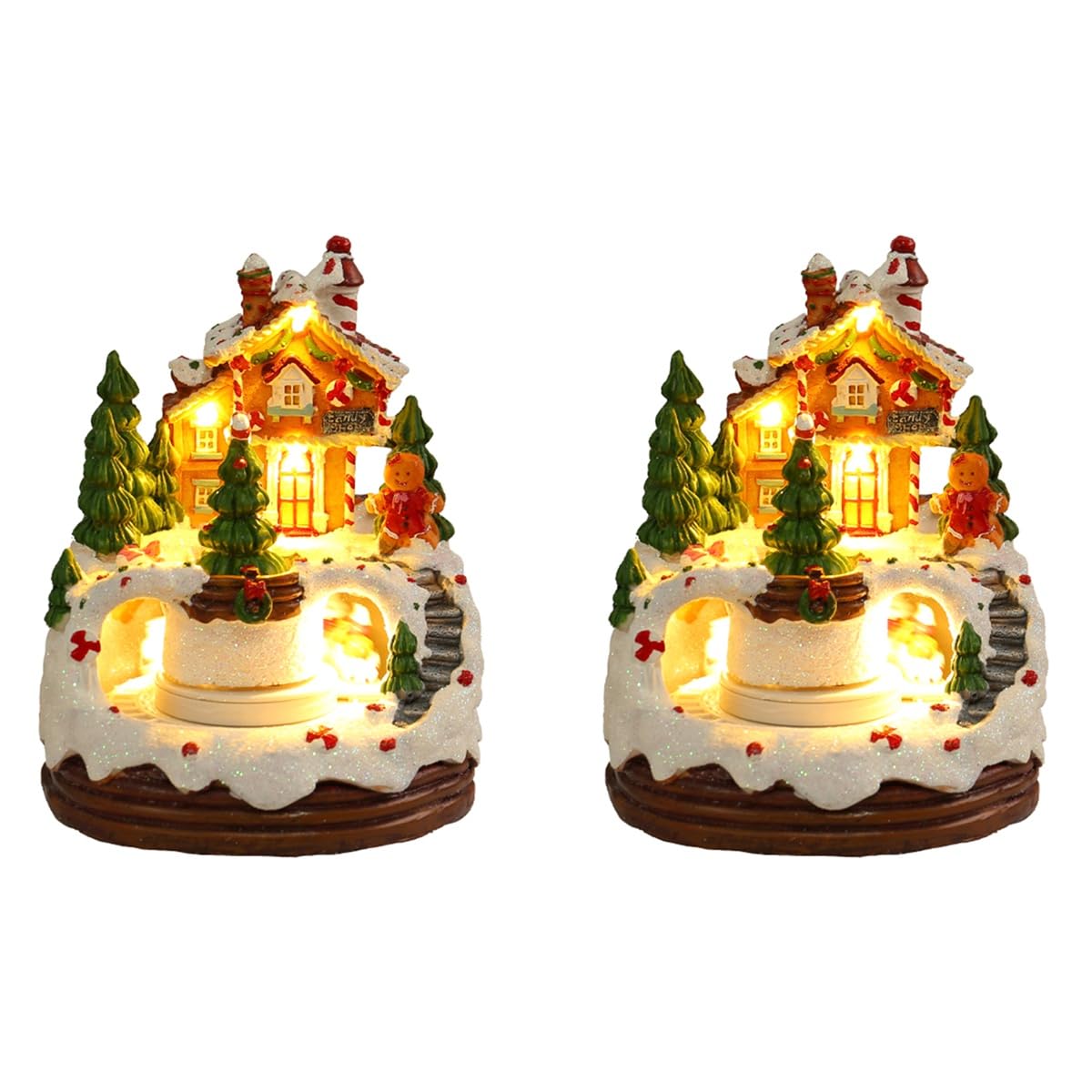 UDSKNV[KSL Resin Rotating Music Figurines Christmas Music Box Gingerbread Man Snow House Ornaments with LED Light 2pc Home Decor
