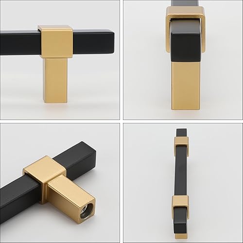 Miniatura 3 de Haliwu Paquete de 6 tiradores de gabinete negros y dorados, tiradores de gabinete moleteados de 3 pulgadas, manijas de gabinete negras de gabinete