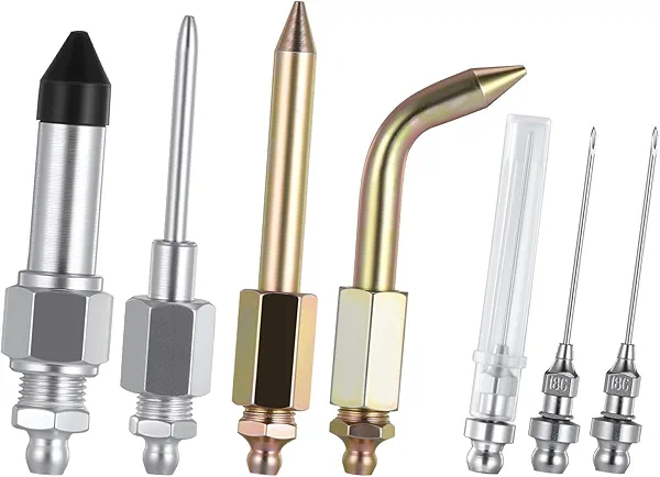 7PCS Grease Gun Accessory Kit，Including 3 Grease Needle Nozzles 1 Needle Dispenser & Rubber Joint Fitting 1 Bent & Straight Nipple Nozzles for Small and Confined Spaces