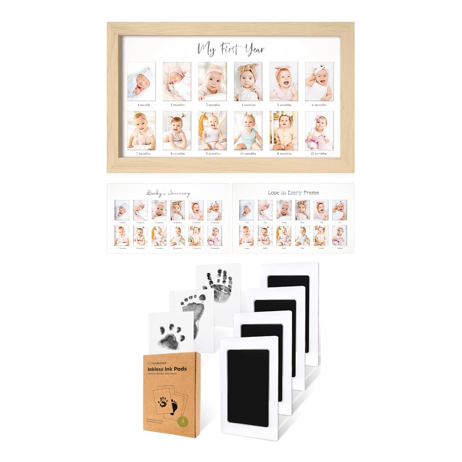 KeaBabies 12 Months Baby Picture Frame for Newborn Girl, Boy and Inkless Hand and Footprint Kit - My First Year Photo Frame, Monthly Photo Keepsake - Ink Pad for Kids