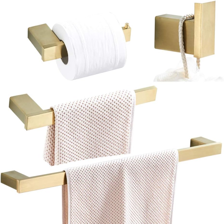 WOMAO Towel Holder Set Gold Brushed Brass Wall Mounted Bathroom Accessories Set SUS 304 Stainless Steel 4pcs Bath Hardware Set Towel Rail Coat Hook Toilet Roll Holder