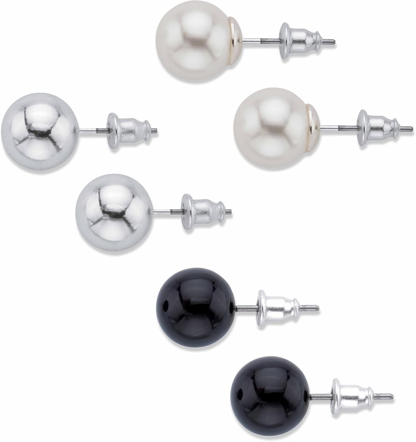 PalmBeach Silvertone Simulated Cream Pearl and Simulated Onyx Round Stud Earring Set (10x10mm)
