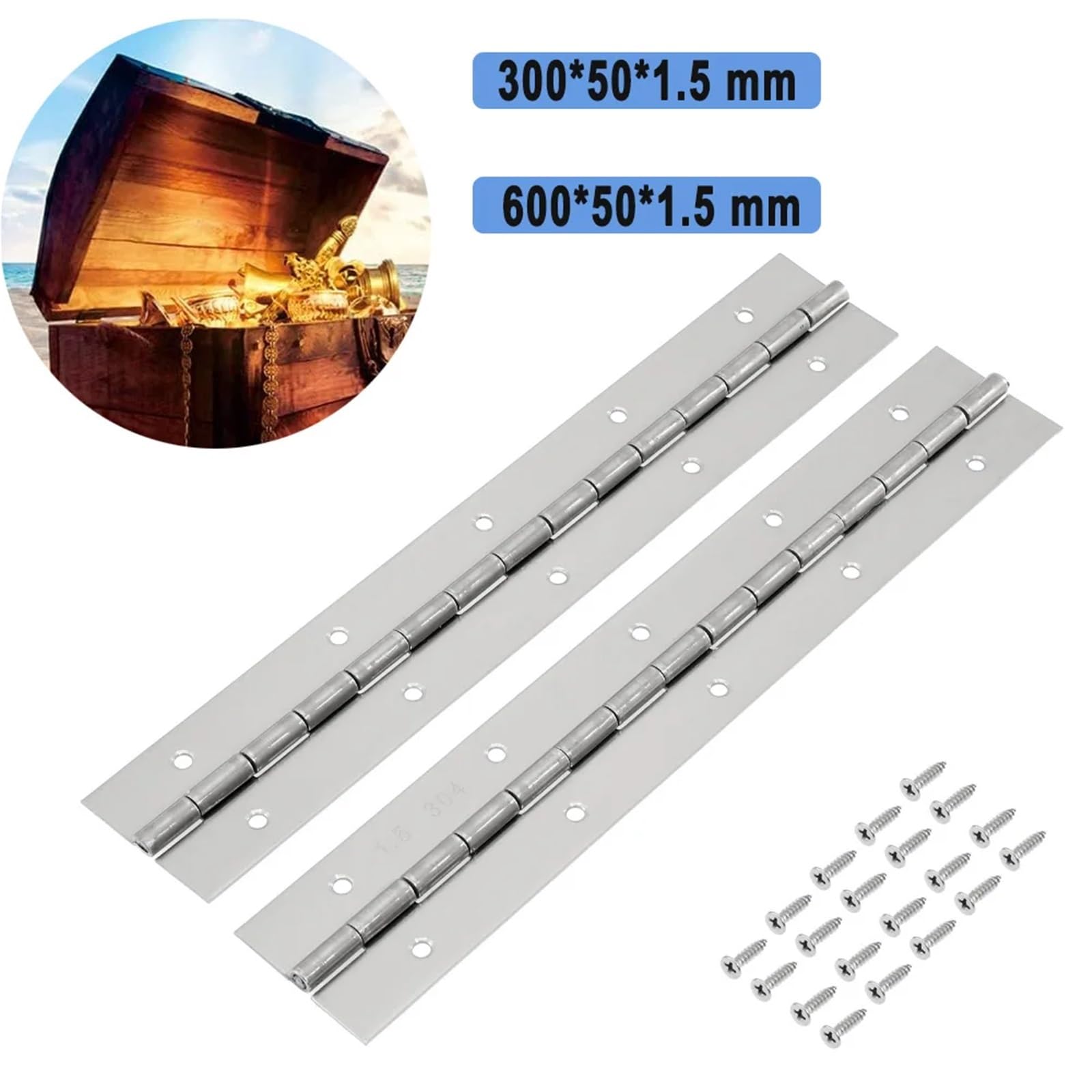 4 Uds. Bisagras de muebles acero inoxidable 304 for puertas, paneles, equipos cocina, gabinetes almacenamiento Metal, bisagras continuas Piano para Pianos,Barcos(Silver-600 * 50 * 1.5mm)