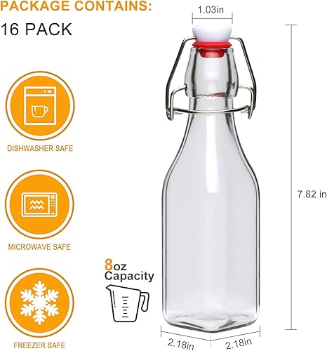 Miniatura 2 de Encheng Botellas de vidrio de 8 onzas con tapas herméticas, botellas de cerveza de vidrio cuadradas con tapa oscilante para elaboración casera,
