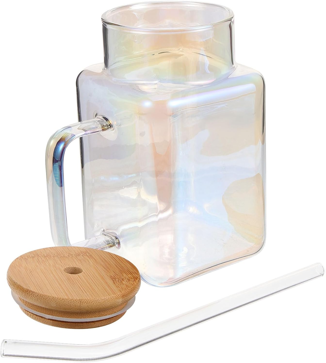 SECFOU Holographic Glass Cup with Handle and Lid 620ml Reusable Straw Tumbler for Tea Coffee and Fruit Drinks Portable Travel Beverage Glassware