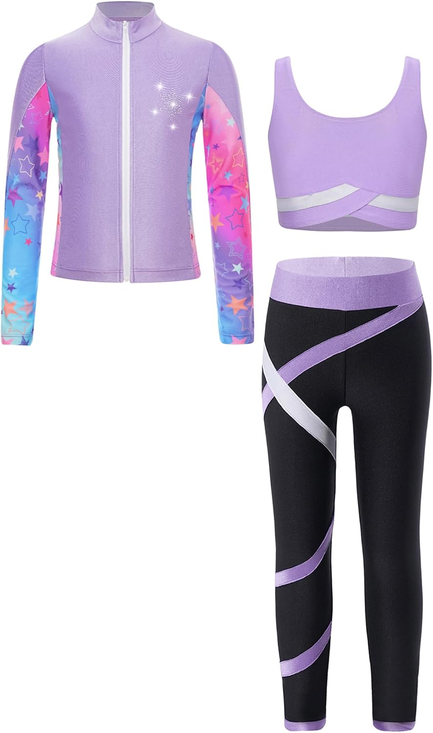 Linjinx Kids Girls 3 Pieces Sports Tracksuit Dance Outfit Running Jacket with Crop Tank Top and Leggings Set Light Purple 15-16 Years