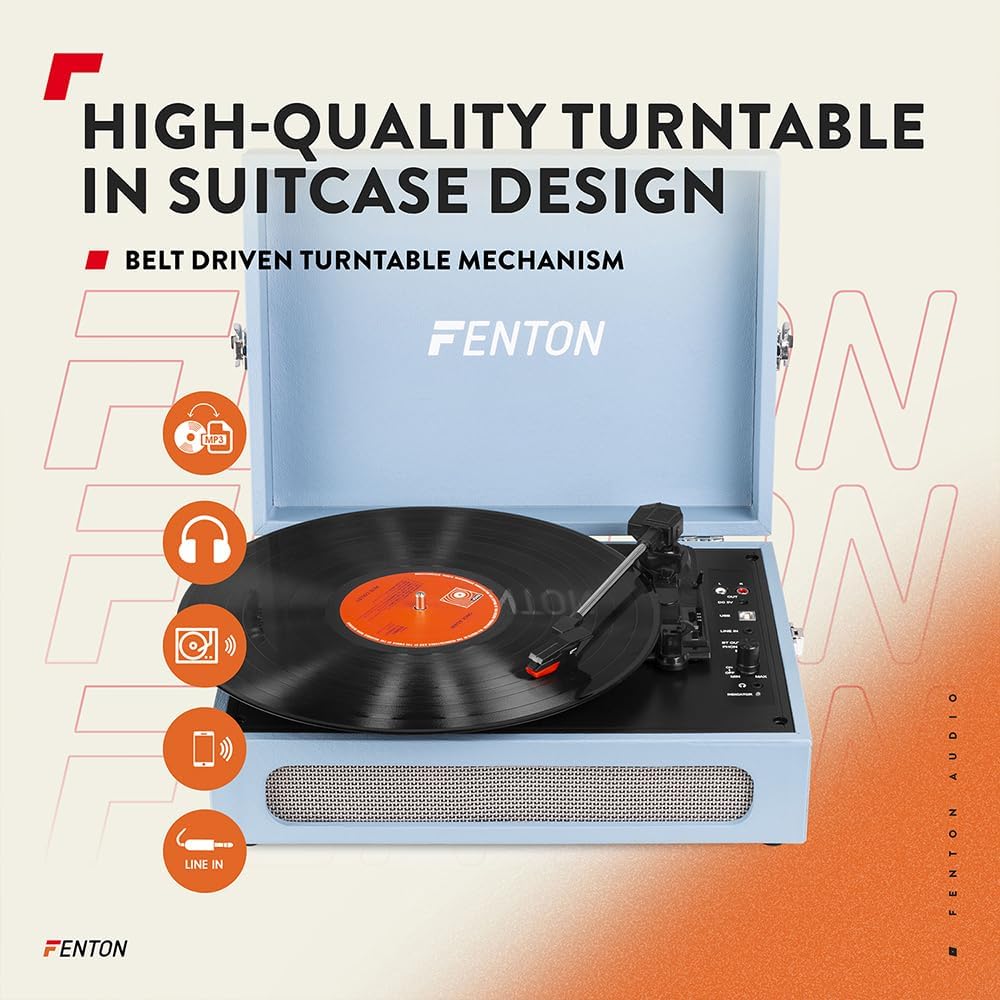 Fenton RP118E Record Player in suitcase design, highlighting features like MP3 conversion, headphone output, Bluetooth, and line-in.