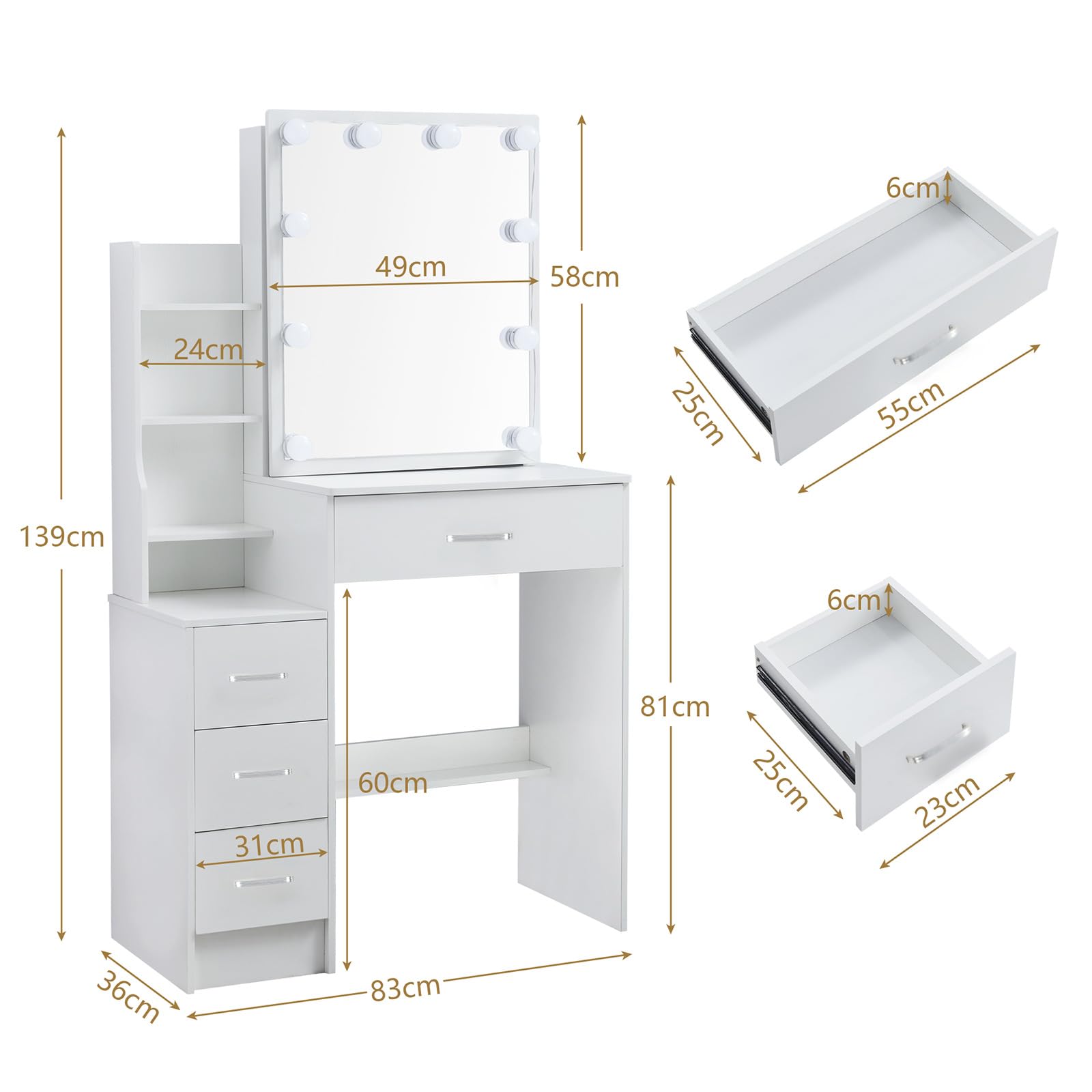 Toeletta Trucco con Luci, 3 Temperature di Colore e Luminosità Regolabile, Tavolo da Trucco con Specchio, 4 Cassetti, 1 Sgabello, Moderno, Bianco, 83 x 60 x 139cm