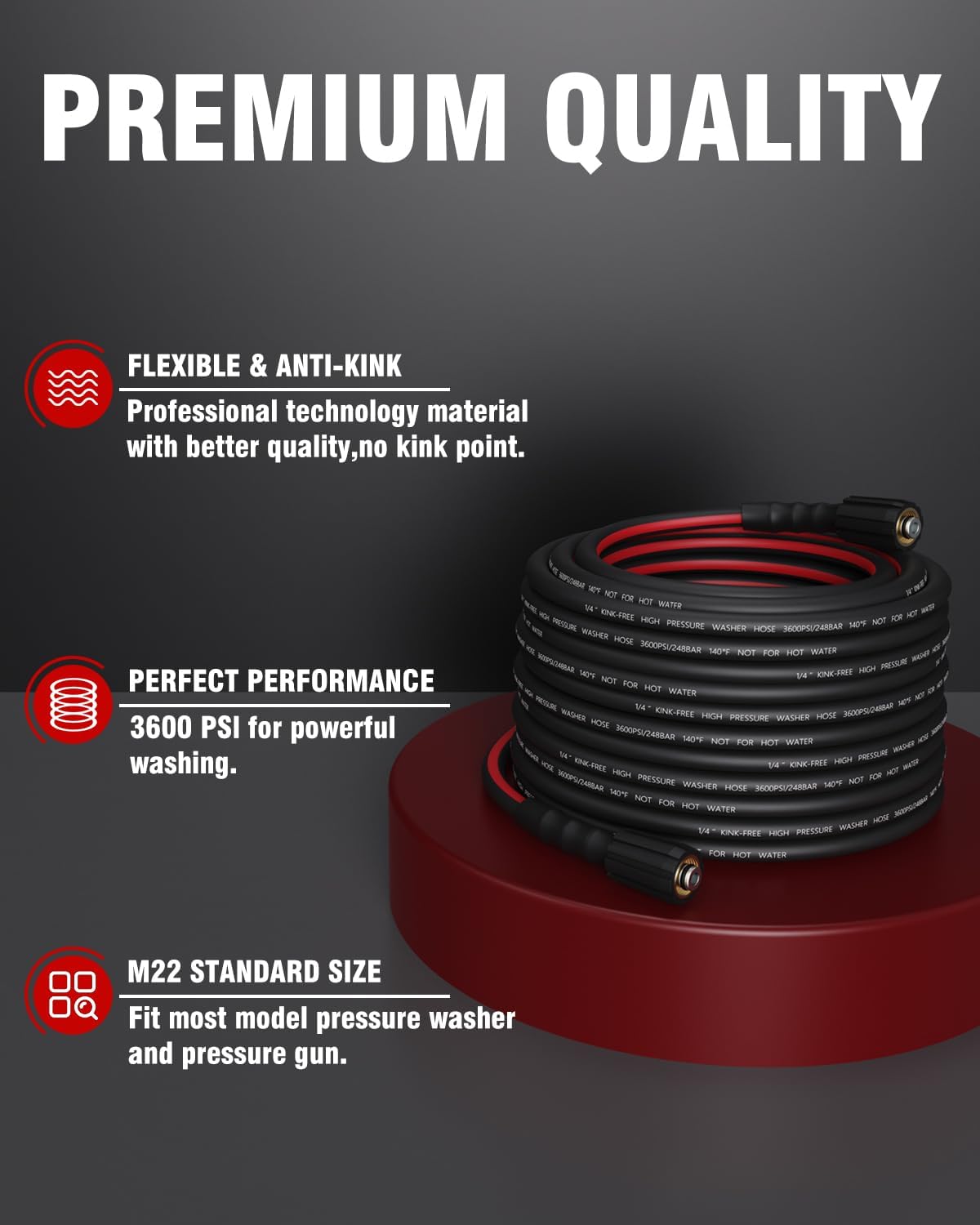 Flexible Pressure Washer Hose 50 FT, 3600 PSI Kink Resistant Power Washer Hose Replacement, 1/4" electric Washer Hose Extension With M22 x 3/8" Quick Connector