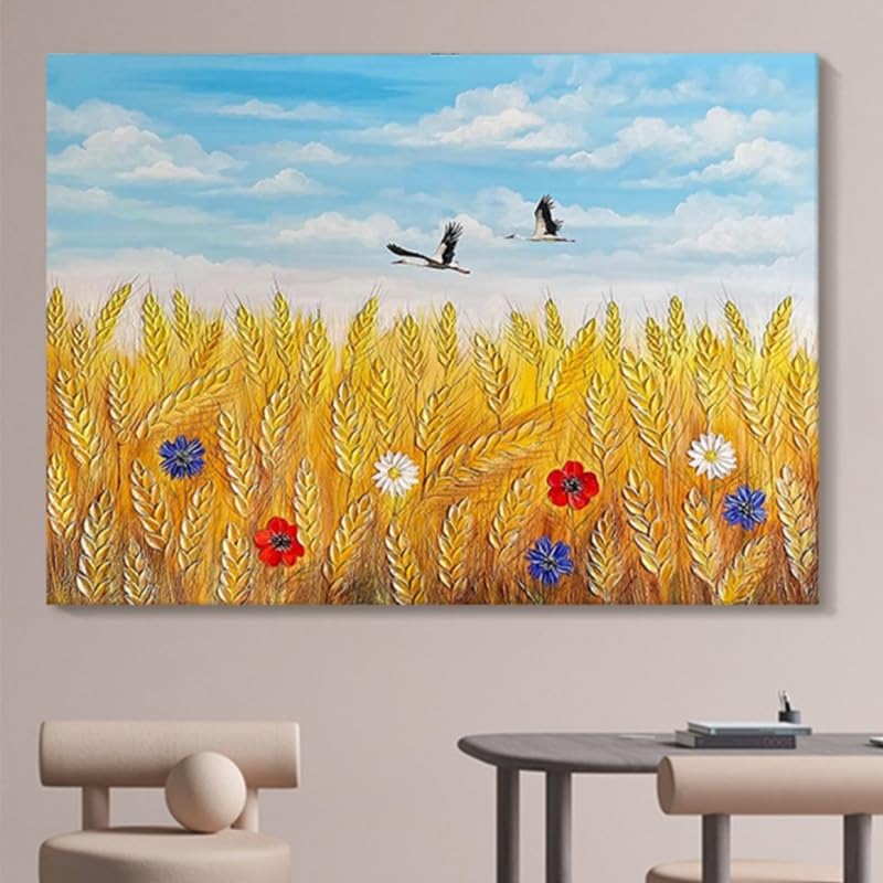 Tableau de salon champ de blé peint à la main sur toile horizontale sans cadre