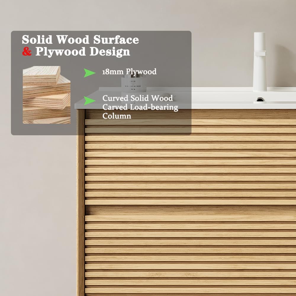 36" Floating Bathroom Vanity with Sink, Wall Mounted Modern Bathroom Cabinet with 2 Soft Close Drawers, Oak & Plywood, Pre-Assembled with Integrated Ceramic Basin – Sedona, Light Oak