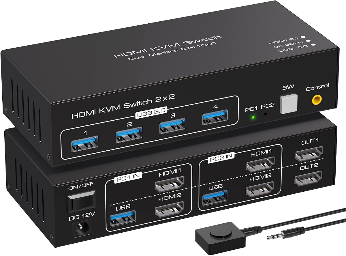 ATLAHET 8K 60Hz HDMI KVM Switch 2 Monitors 2 Computers Support 4K 120Hz KVM Switches for 2 PC Share Dual Monitors and 4 USB 3.0 Devices Support Copy and Extend Mode -3.6CM High
