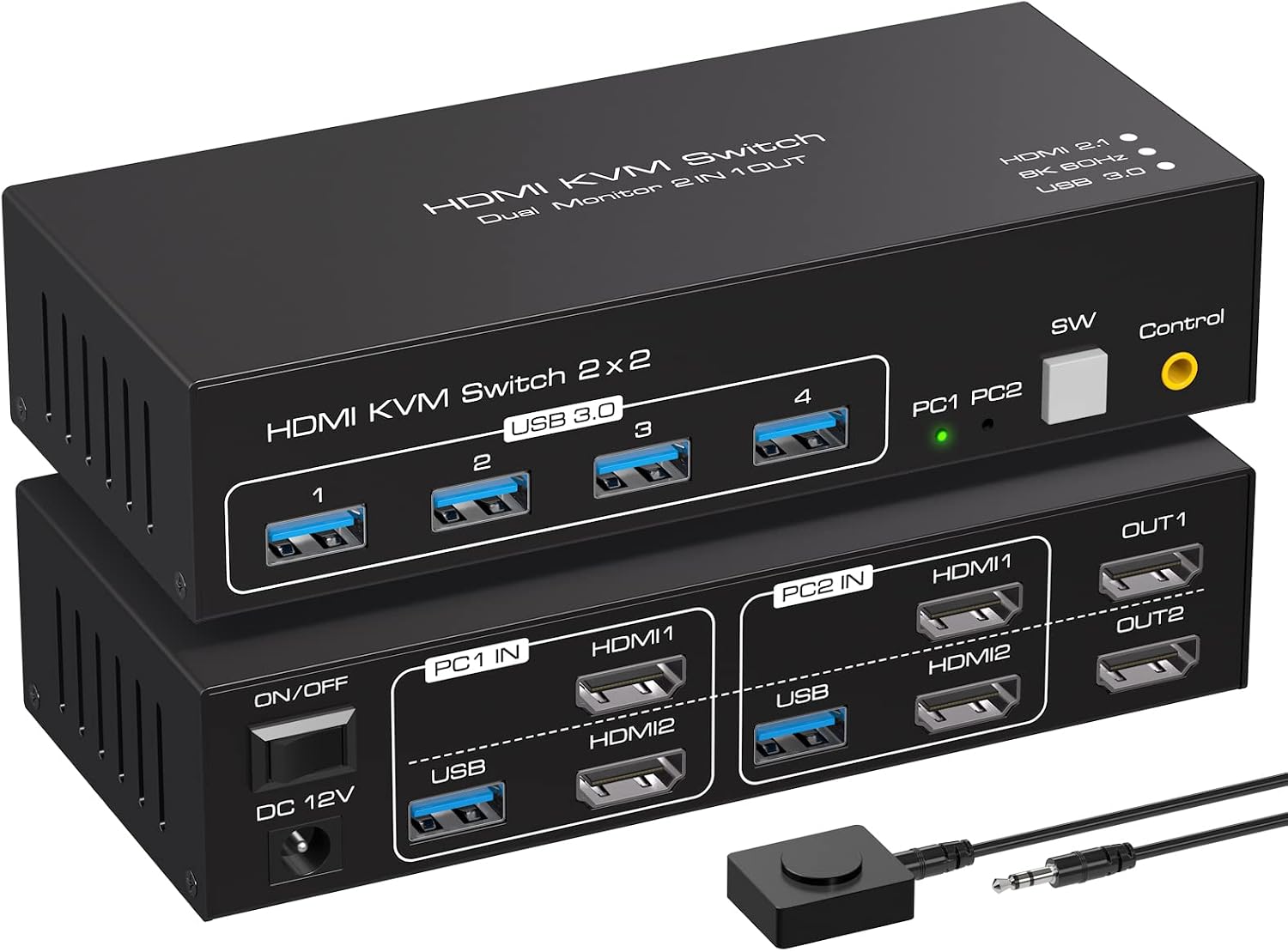 8K HDMI KVM Switch 2 Monitors 2 Computers Support 8K 60Hz 4K 120Hz KVM Switcher for Two PC Share Dual Monitors and 4 USB 3.0 Devices Support Copy and Extend Mode -3.6CM High