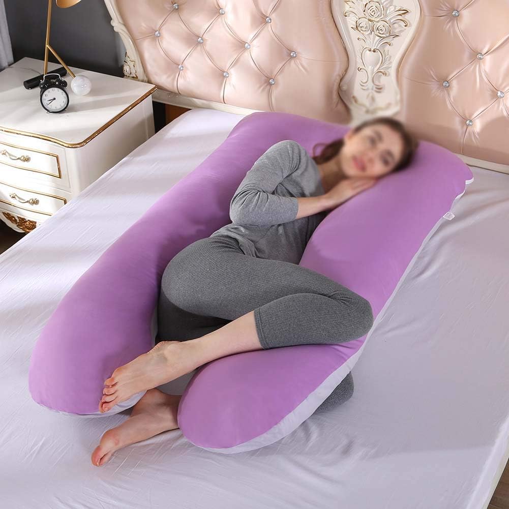 YOUCAI Almohada En Forma De U para Mujer Embarazada De Costado, Extraíble, Multifuncional, Soporte De Cintura, Cómoda, Ergonómica, Almohada Larga De Maternidad,Algodón-PúrpuraGris,130x70cm