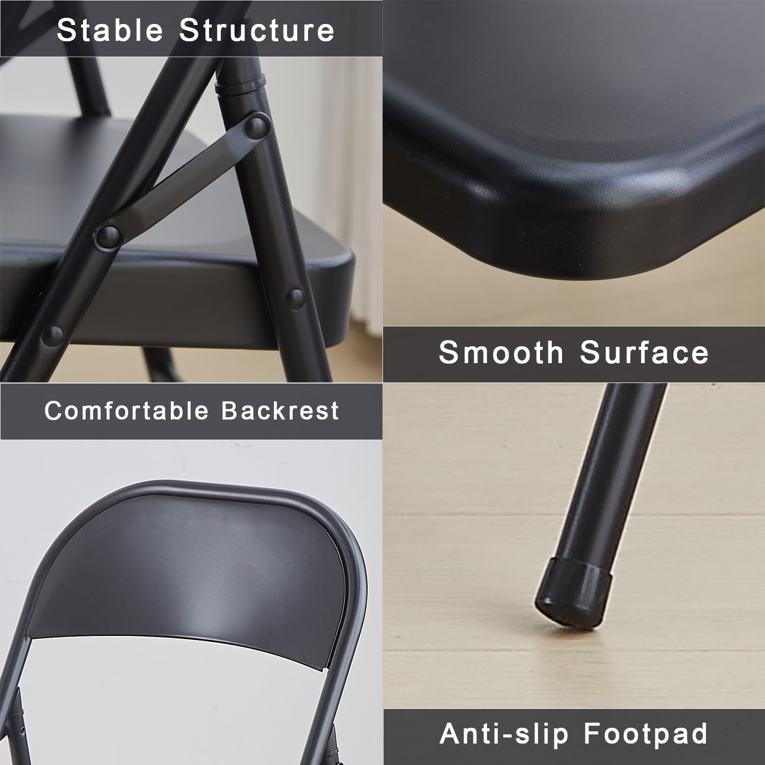 KAIHAOWIN All Steel Folding Chairs Metal Frame Double Hinged Foldable Chairs for Indoor Outside Events Home Office 4 Pack -Black