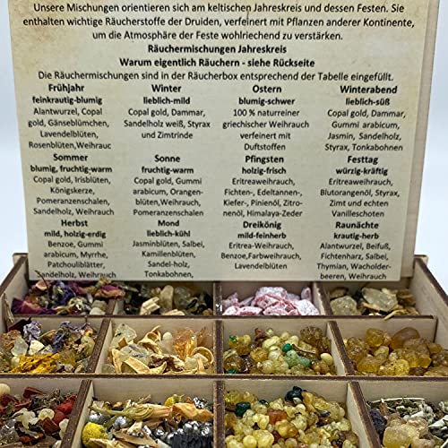 Heilkräuter Manufaktur Räucherbox Geschenkbox mit 12 Sorten Räuchermischungen Rituale im Jahreskreis, Jahreszeiten, 14 x 10 x 4 cm