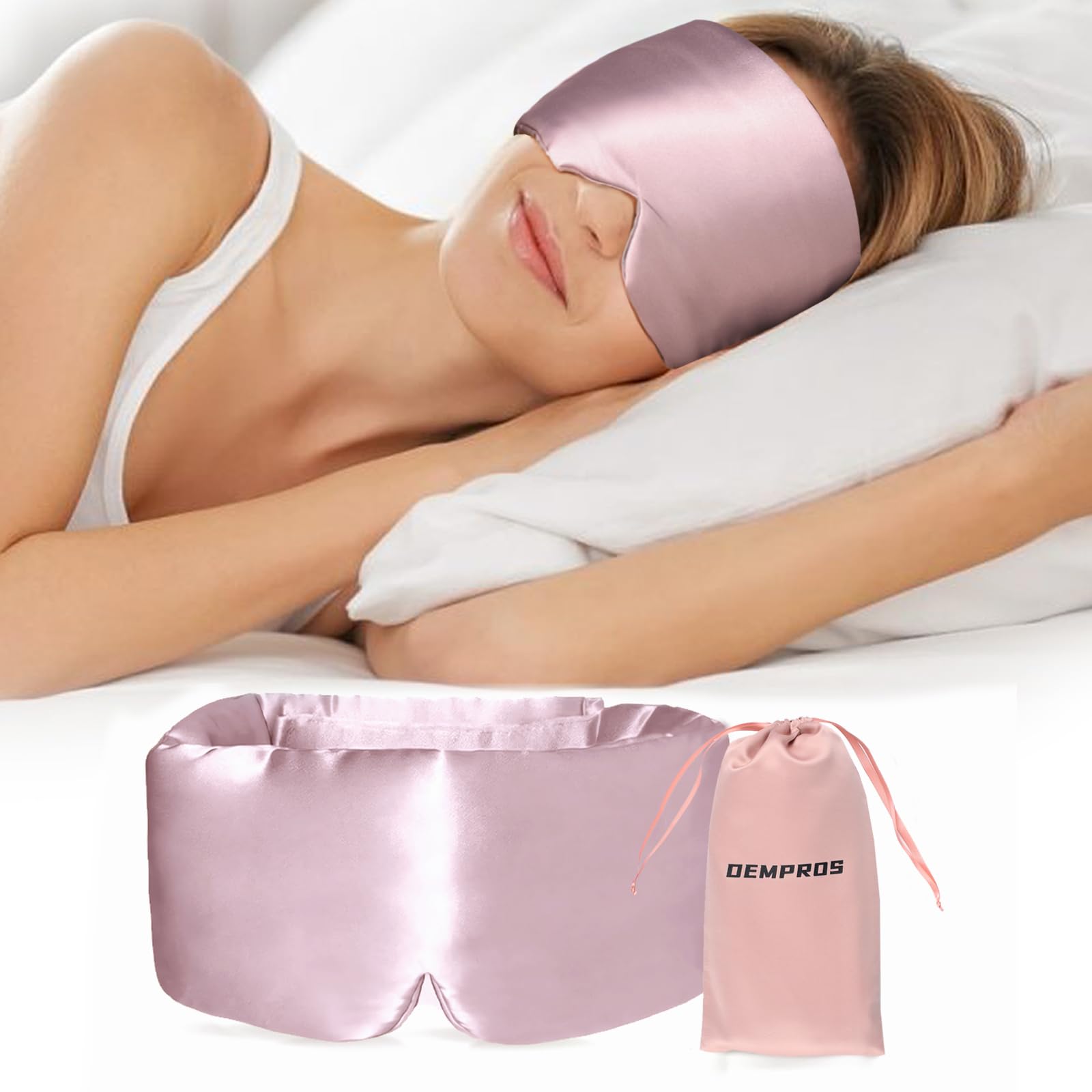 DEMPROS Mulberry Silk Sleep Mask for Side and Back Sleepers, Blackout Eye Mask for Sleeping for Women Men with Adjustable Band, Comfortable Soft