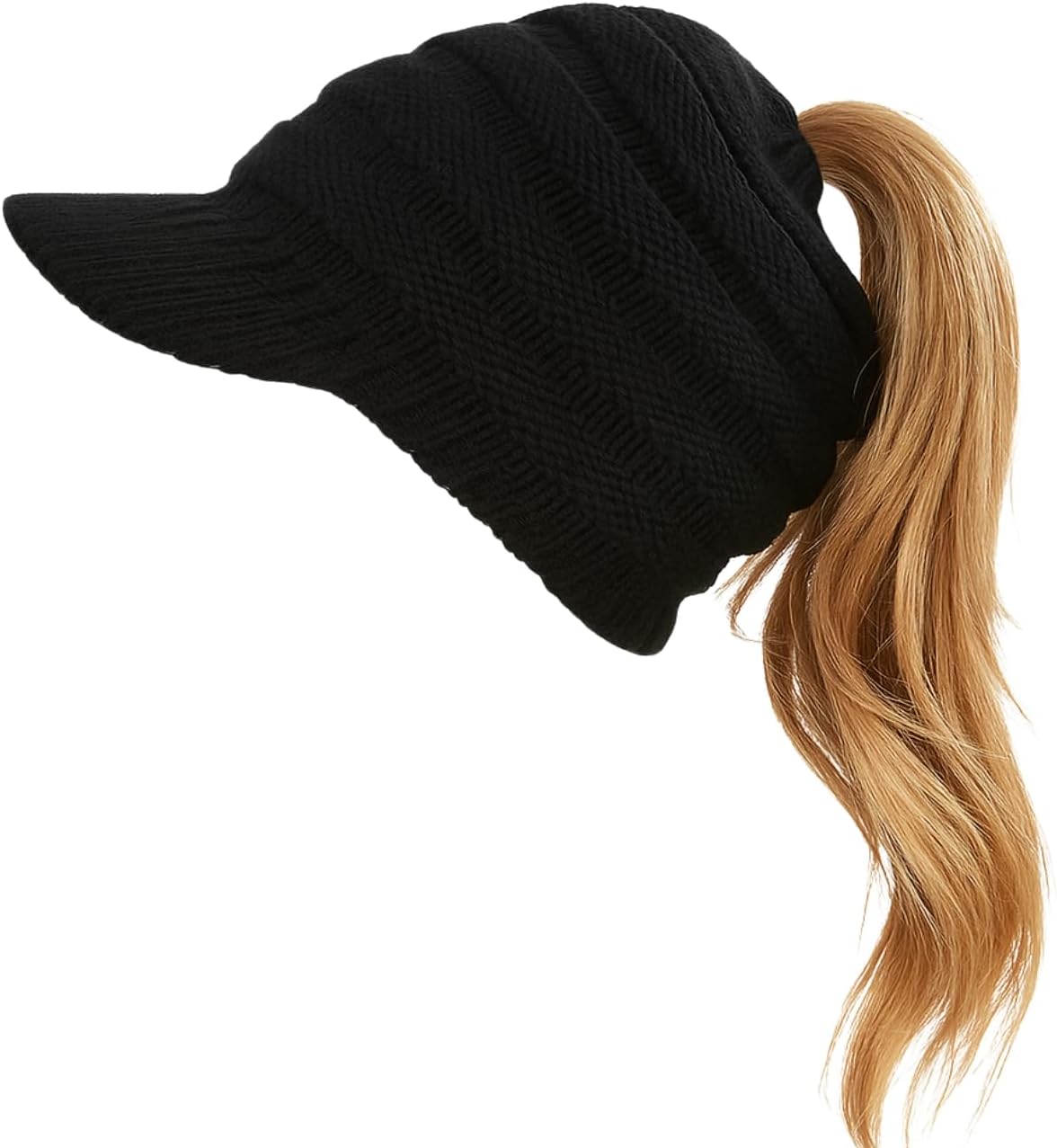 Women’s Winter Knit Beanie with Brim and Bun Ponytail Hole Warm Ear-Covering Windproof Hat for Cold Weather