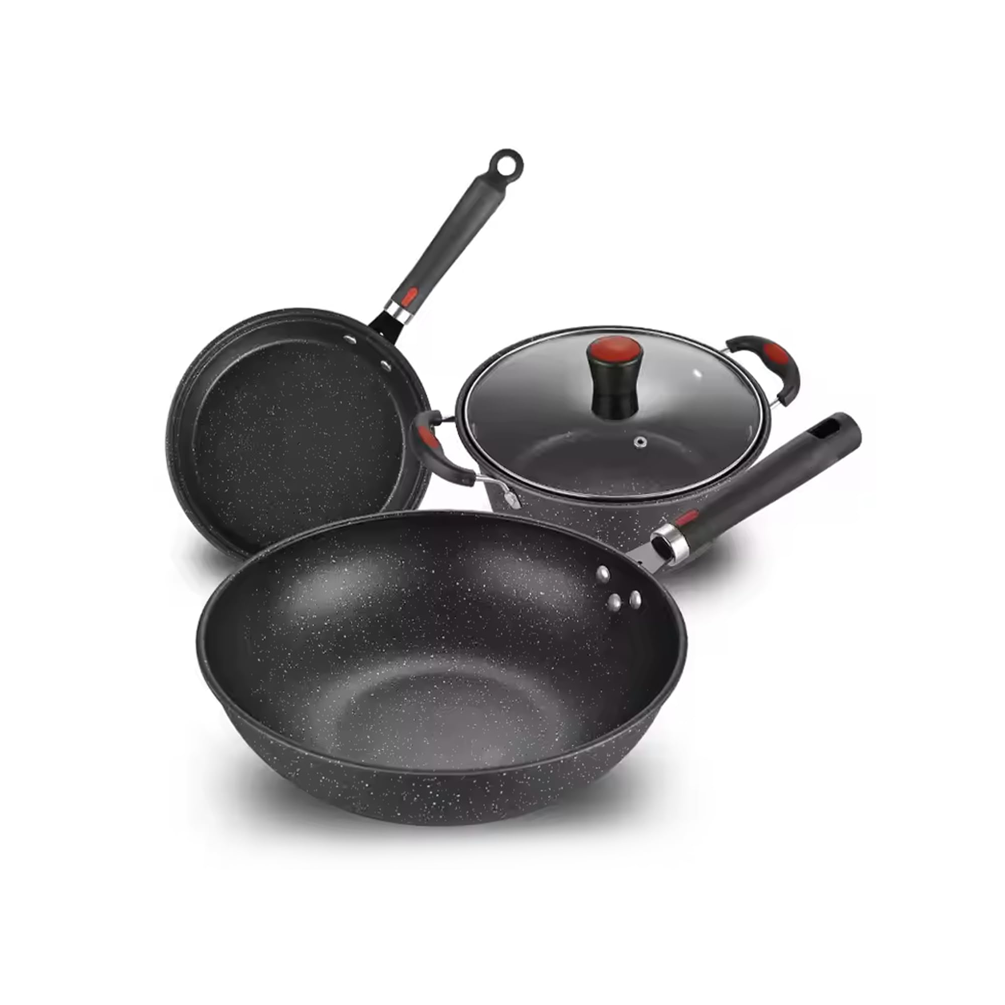 HomeEssentials Iron 3 Piece Cookware Set | Cooking Set for Home with Frying pan, a deep kadhai with a lid, and Wok Pan | Gas & Induction Friendly | Fast & Even Heating (Black)