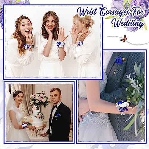 Tigeen 24 Pcs Wrist Corsage and Men's Boutonniere Set for Wedding Wristlet Corsage Hand Flower for Mother of Bride, Bridal, Bridesmaid Suit Decorations (Royal Blue) - Thumbnail 6