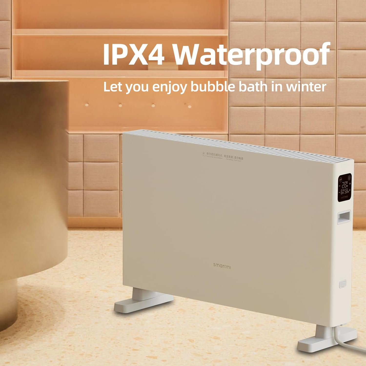 Smartmi Electric Radiator 1S in a bathroom, highlighting IPX4 waterproof rating