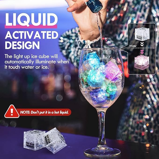 Image of Light Up Ice Cubes for Drinks (Pack of 12, Multicolor), LED Liquid Activated Glow Cubes, Waterproof Reusable Square Ice Cubes for Party, Home Bar, Wedding Decoration, Plastic