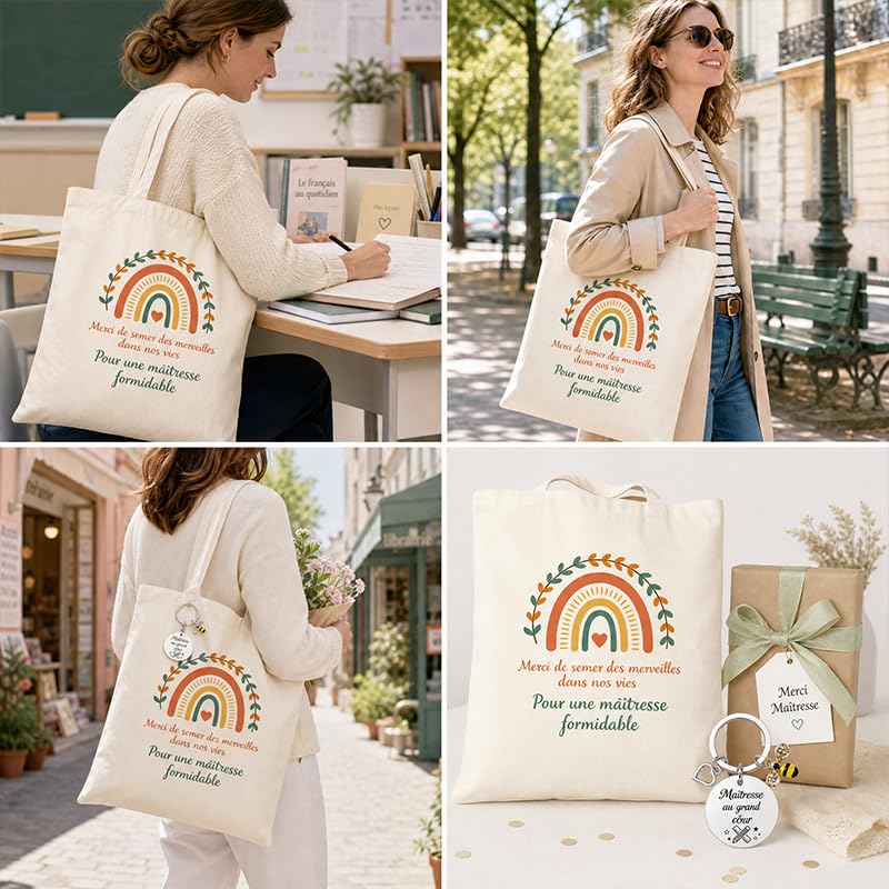 Tote Bag Maitressee Merci Porte-Clé Sac Cabas Femme Grande Capacité Réutilisable