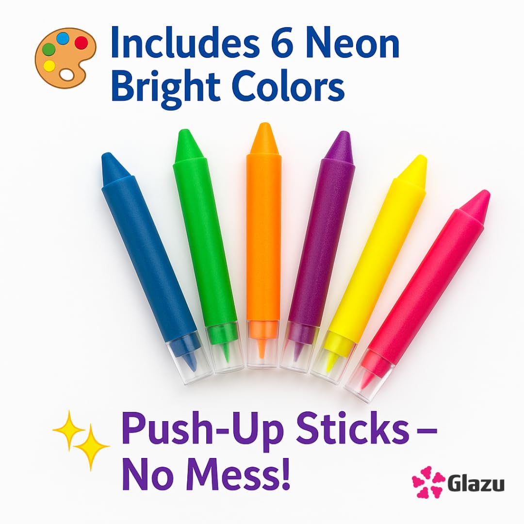 GLAZU Face Paint Sticks for Kids – 6 Neon Bright Colors, Non-Toxic Push-Up Body Paint Crayons, Easy to Apply & Wash, Face Painting Kit for Parties, Festivals, Halloween, Cosplay, Makeup Fun